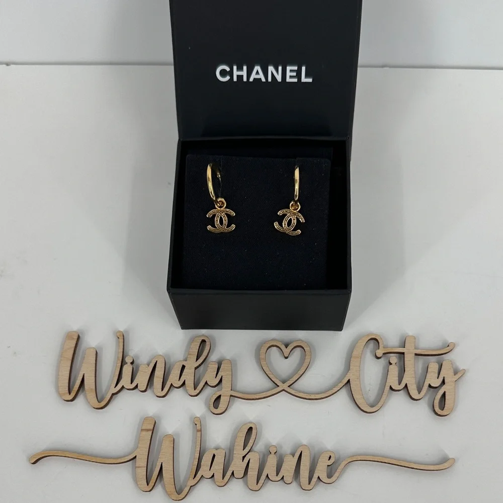 Authenticated CHANEL Hoop Logo Earrings- Gold - Picture 2 of 7